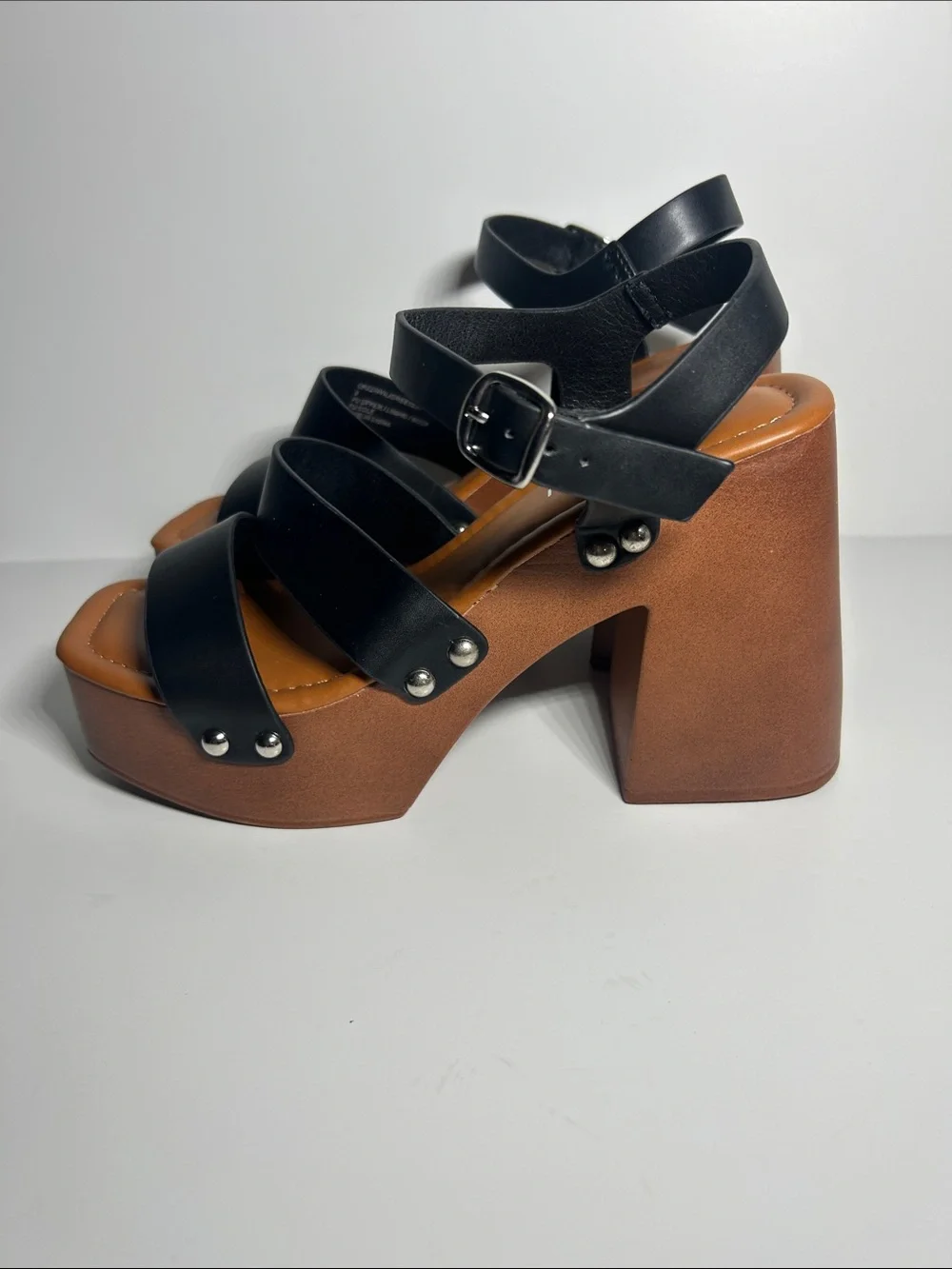 Madden Girl Black Strappy Platform Sandals with Brown Platform